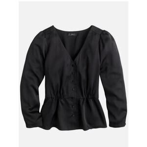 J.CREW Womens Long Sleeve Button Down Peplum Top in Black Satin Crepe Size 2
